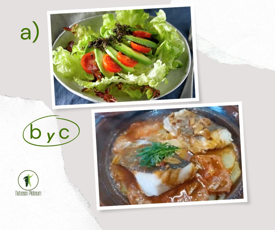 Ensalada de aguacate, hojas verdes y alga nori conTajine de pescado  al horno con verduras y patata